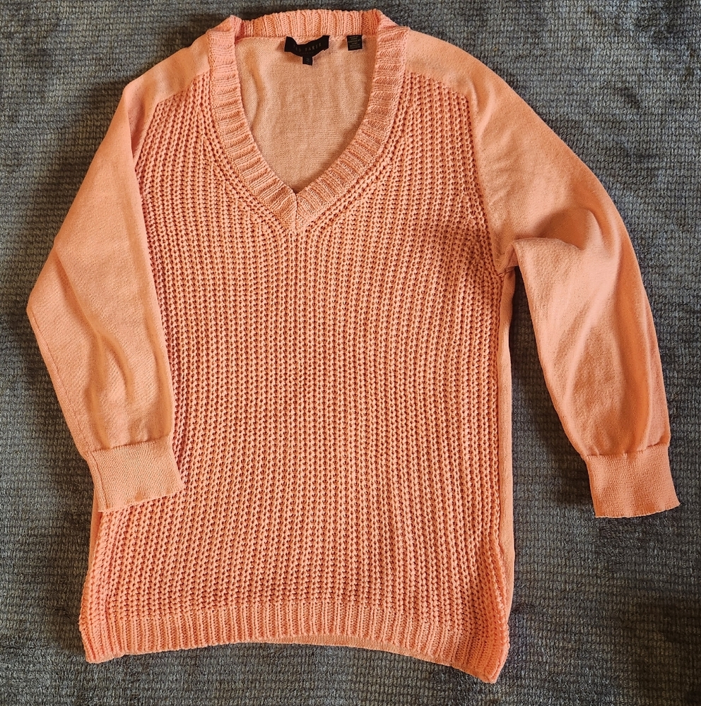 Ted Baker London Size 2 Lills V-Neck Sweater 3/4 Sleeve Orange Sherbet V-neck,